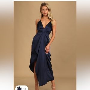 Lulus Caught FeelingsNavy Blue Satin Ruffle Dress large